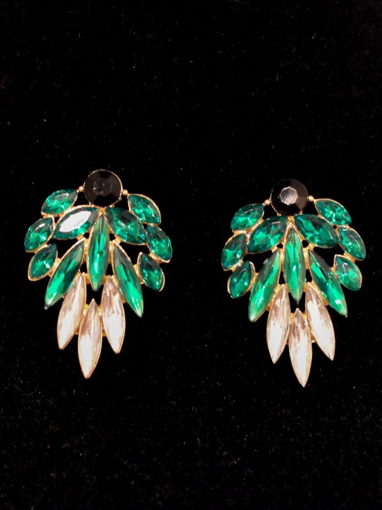 Jewelry - Vintage Green, Black, and White Crystal Navette Cluster Earrings Gold Tone